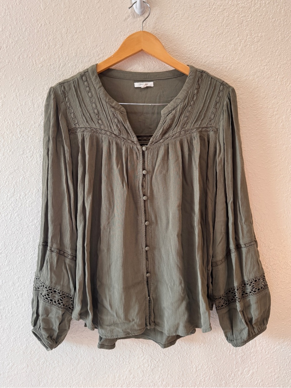 Maurice’s Olive Green Lace Button Long Sleeve Peasant Blouse Women’s XL